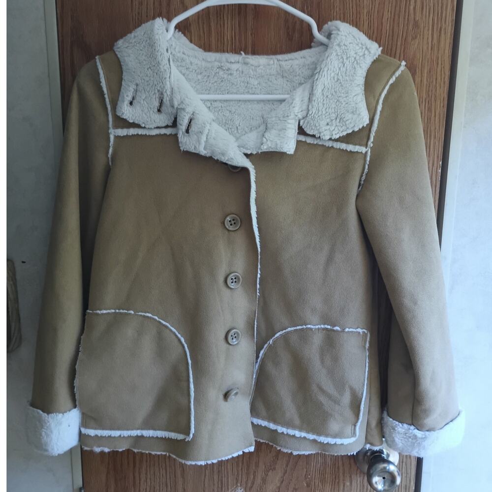 Gymboree Girls Faux Suede Sherpa Hooded Coat Faux Fur Camel L 10-12 Winter